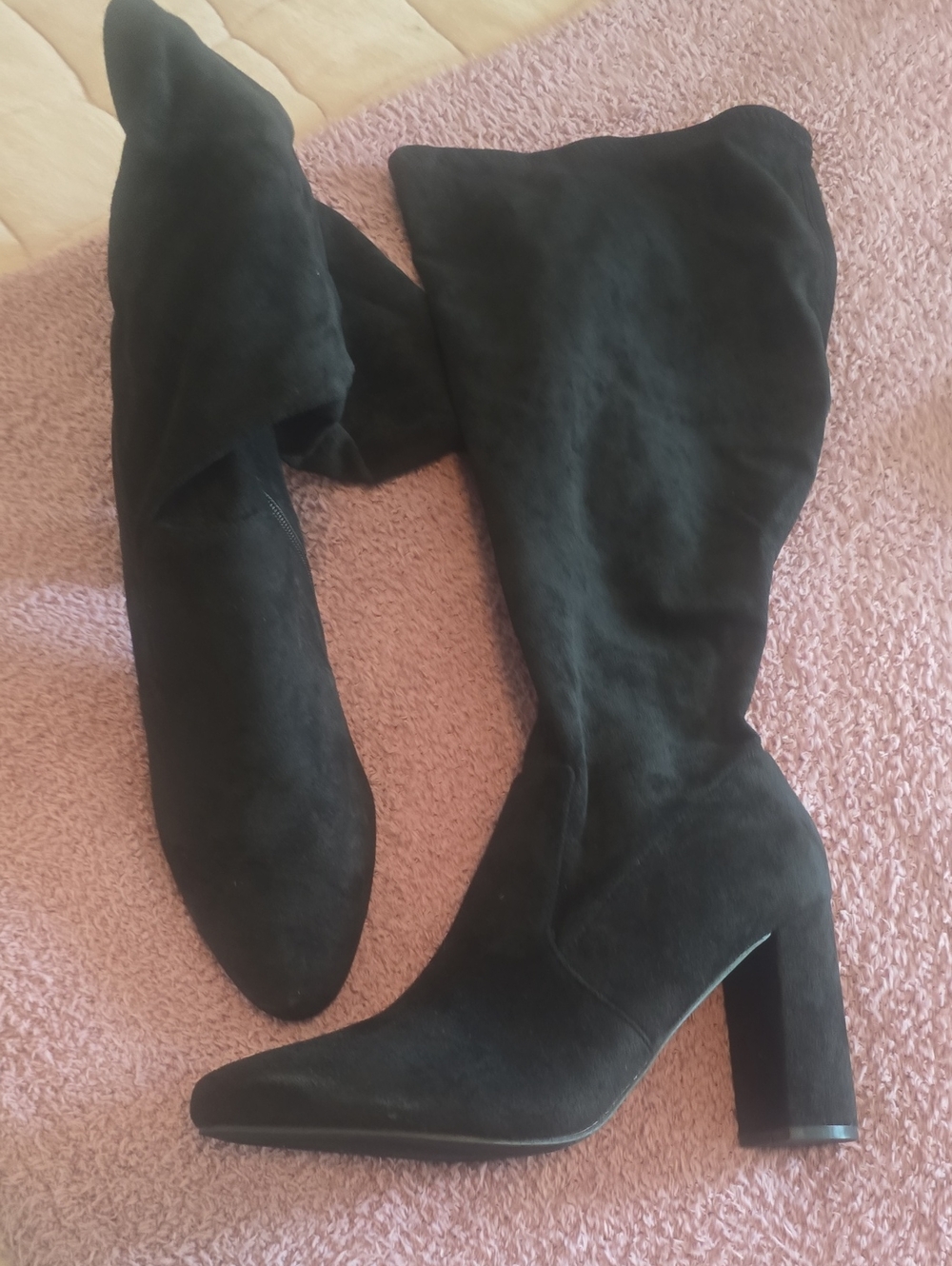 Black Suede Knee-High Block Heel Boots - Women Size 9 Wide Calf